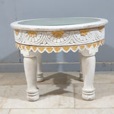 Hand Carved Indian Solid Wood Round Top Glass Coffee Table 60X60X45 cm